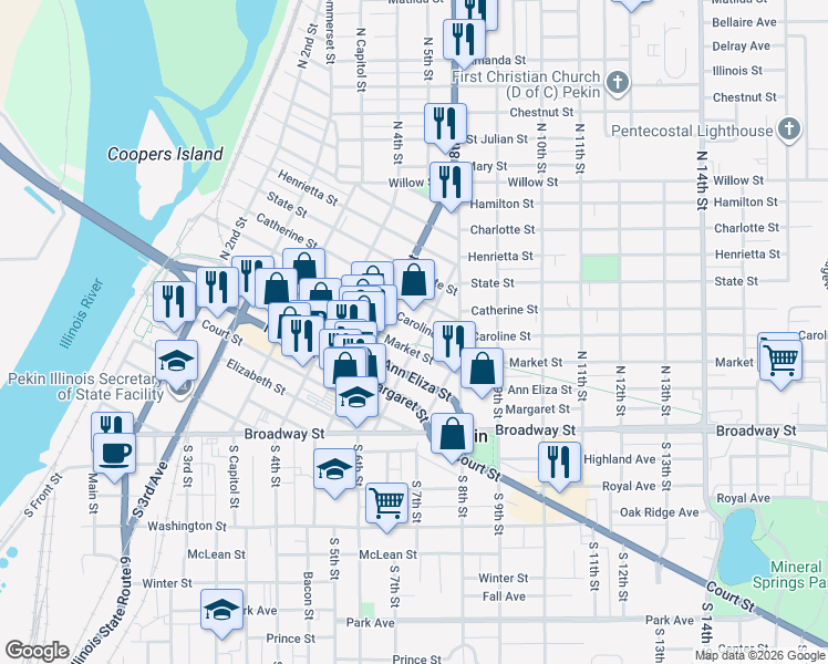 map of restaurants, bars, coffee shops, grocery stores, and more near 309 North 6th Street in Pekin