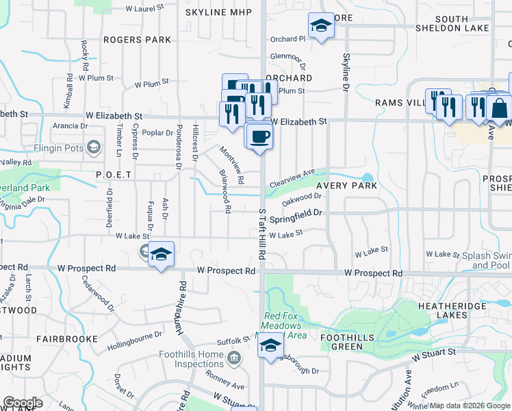 map of restaurants, bars, coffee shops, grocery stores, and more near 1217 South Taft Hill Road in Fort Collins
