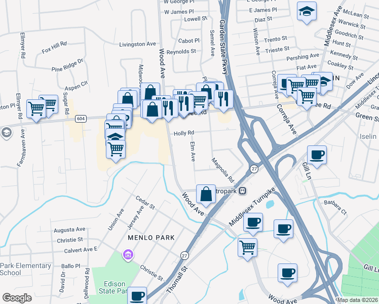 map of restaurants, bars, coffee shops, grocery stores, and more near 75 Elm Avenue in Woodbridge Township