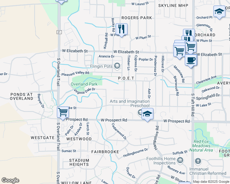 map of restaurants, bars, coffee shops, grocery stores, and more near 2631 Flintridge Place in Fort Collins