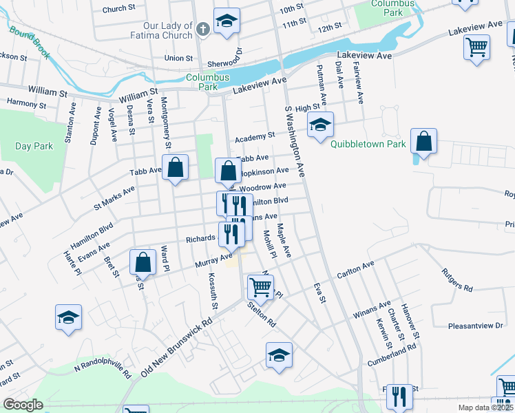 map of restaurants, bars, coffee shops, grocery stores, and more near 67 Hamilton Boulevard in Piscataway