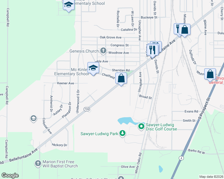 map of restaurants, bars, coffee shops, grocery stores, and more near Ohio 739 in Marion