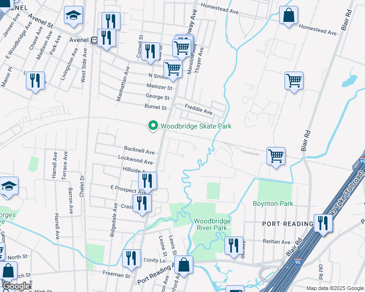 map of restaurants, bars, coffee shops, grocery stores, and more near 910 Kings Court in Woodbridge Township