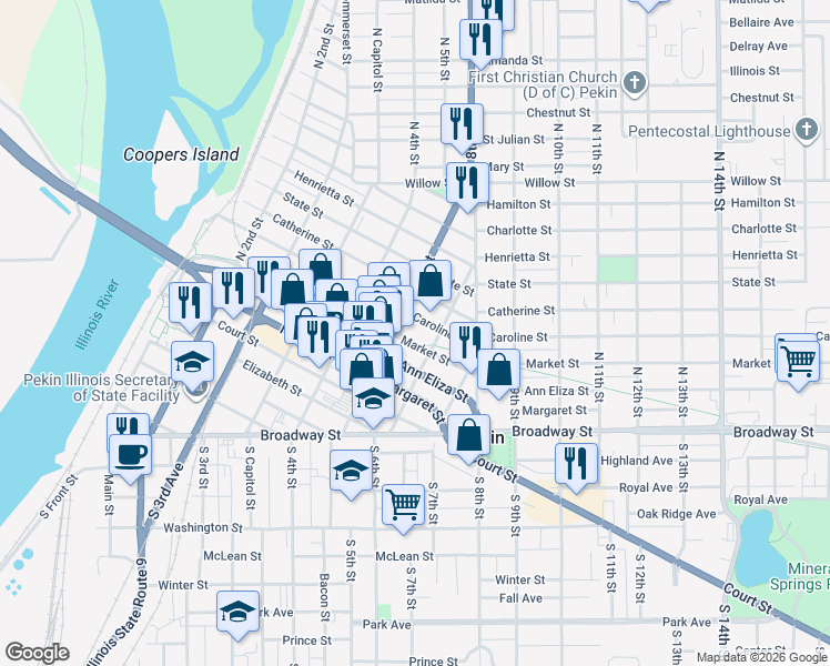 map of restaurants, bars, coffee shops, grocery stores, and more near 309 North 6th Street in Pekin