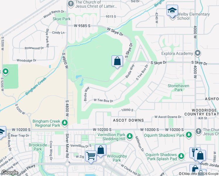 map of restaurants, bars, coffee shops, grocery stores, and more near 9956 Birdie Way in South Jordan