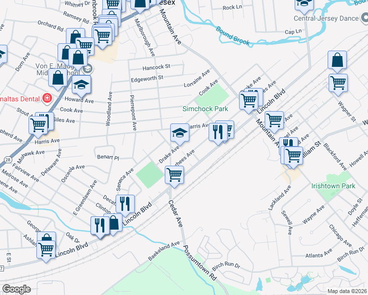 map of restaurants, bars, coffee shops, grocery stores, and more near 456 Drake Avenue in Middlesex
