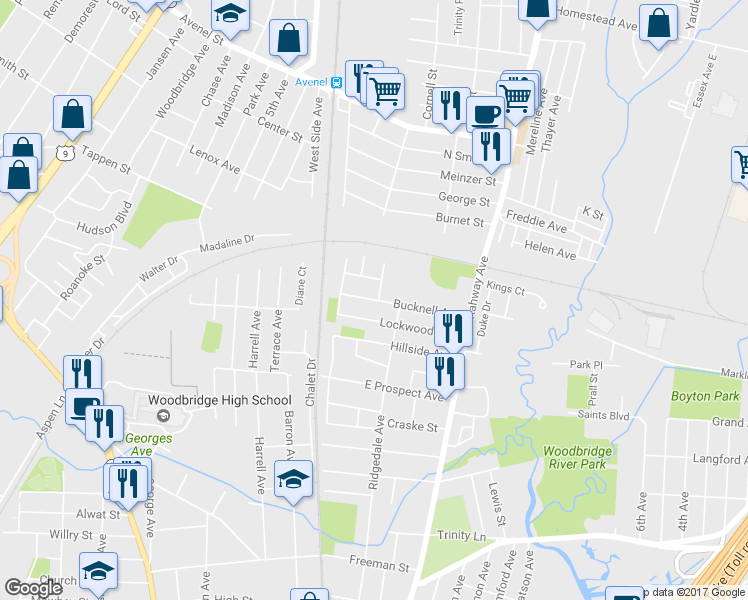 map of restaurants, bars, coffee shops, grocery stores, and more near 141 Bucknell Avenue in Woodbridge Township
