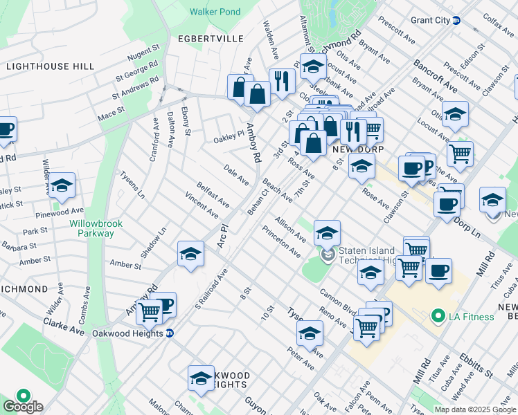 map of restaurants, bars, coffee shops, grocery stores, and more near 34 Behan Court in Staten Island
