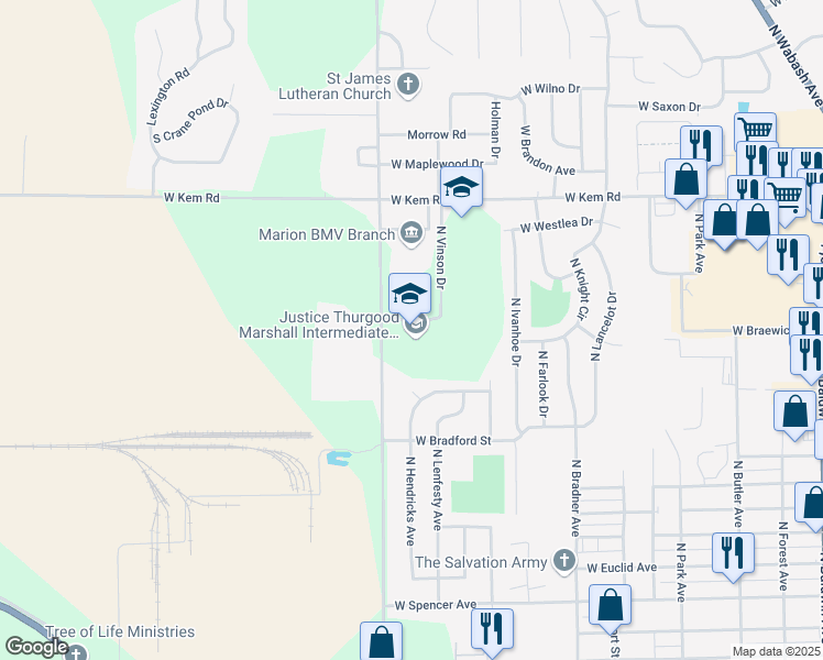 map of restaurants, bars, coffee shops, grocery stores, and more near 720 North Miller Avenue in Marion