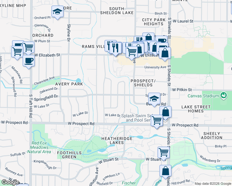 map of restaurants, bars, coffee shops, grocery stores, and more near 1227 Fairview Drive in Fort Collins