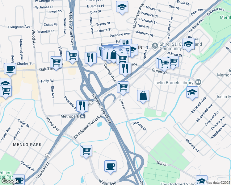 map of restaurants, bars, coffee shops, grocery stores, and more near 190 Middlesex Turnpike in Woodbridge Township