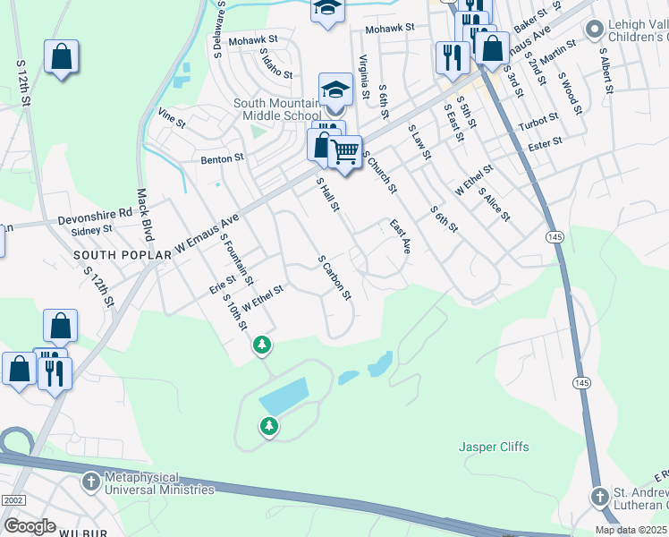 map of restaurants, bars, coffee shops, grocery stores, and more near 2440 South Carbon Street in Allentown