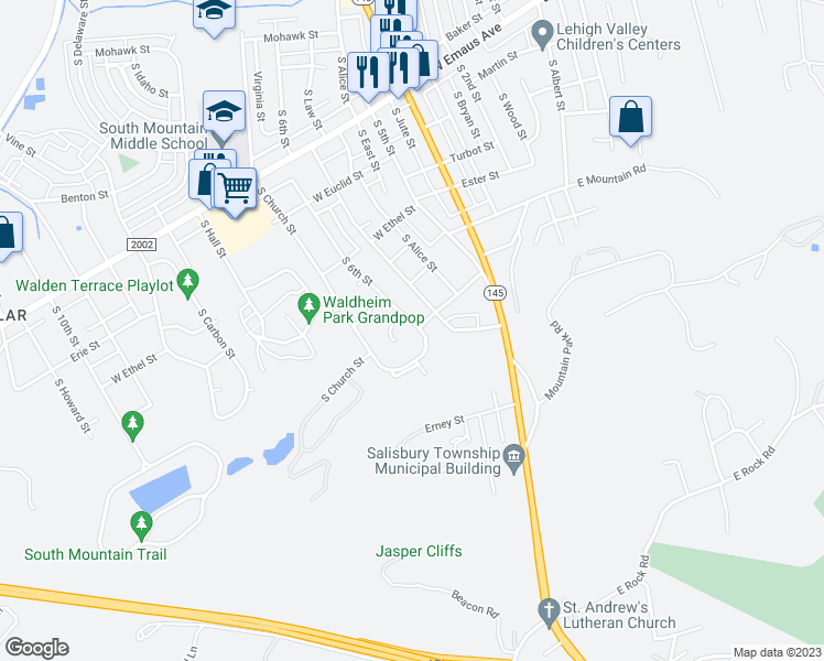 map of restaurants, bars, coffee shops, grocery stores, and more near 2560 South 6th Street in Allentown