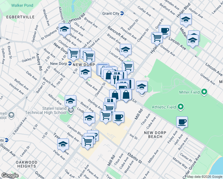 map of restaurants, bars, coffee shops, grocery stores, and more near 366 New Dorp Lane in Staten Island