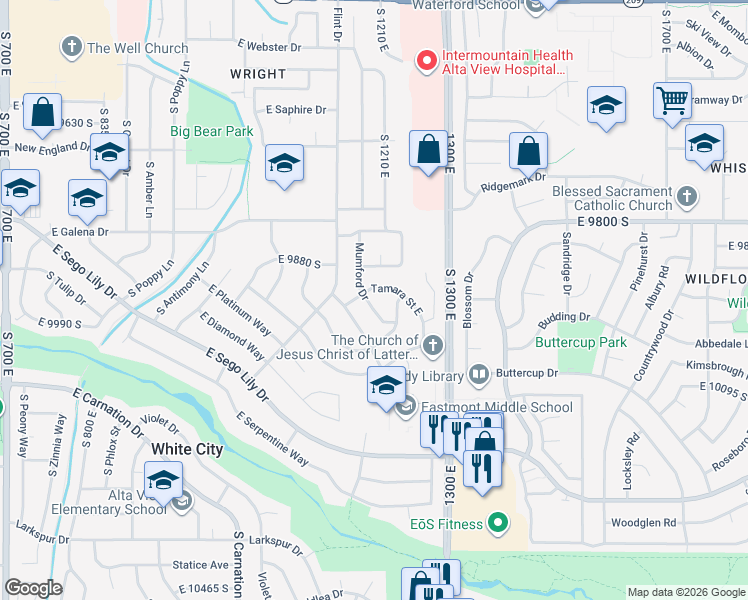 map of restaurants, bars, coffee shops, grocery stores, and more near 9951 Mumford Drive in Sandy
