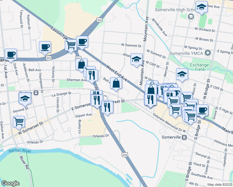 map of restaurants, bars, coffee shops, grocery stores, and more near 35 North Middaugh Street in Somerville