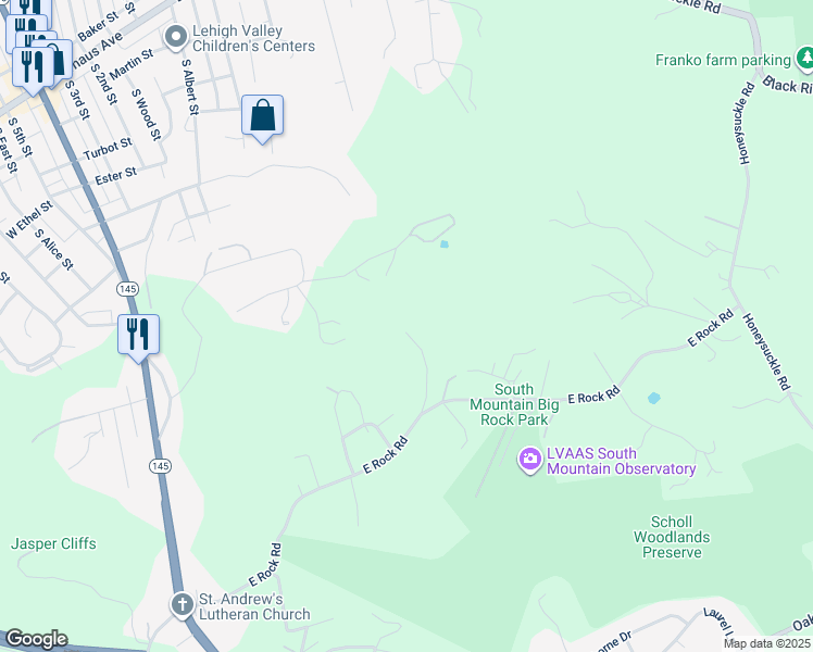 map of restaurants, bars, coffee shops, grocery stores, and more near 455 East Rock Road in Allentown