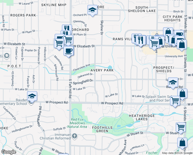 map of restaurants, bars, coffee shops, grocery stores, and more near 1210 Castlerock Drive in Fort Collins