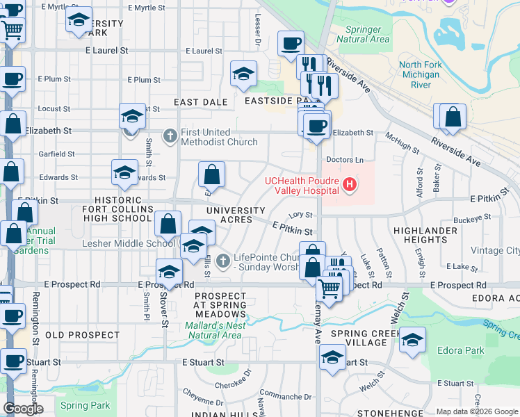 map of restaurants, bars, coffee shops, grocery stores, and more near 1216 Green Street in Fort Collins
