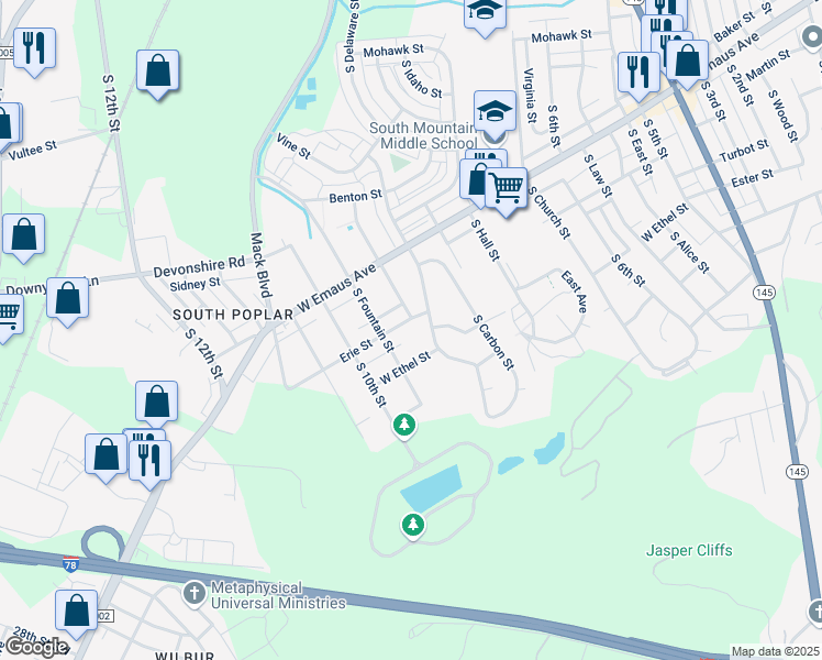 map of restaurants, bars, coffee shops, grocery stores, and more near 916 Erie Street in Allentown