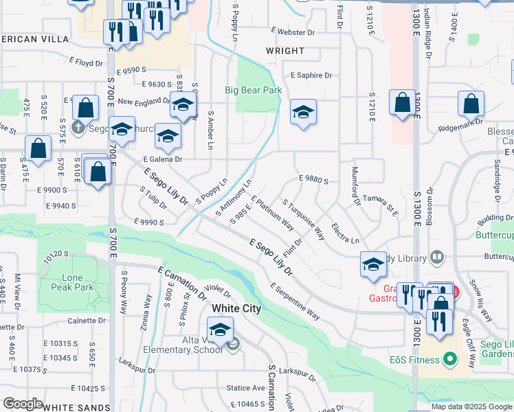 map of restaurants, bars, coffee shops, grocery stores, and more near 988 East Platinum Way in Sandy