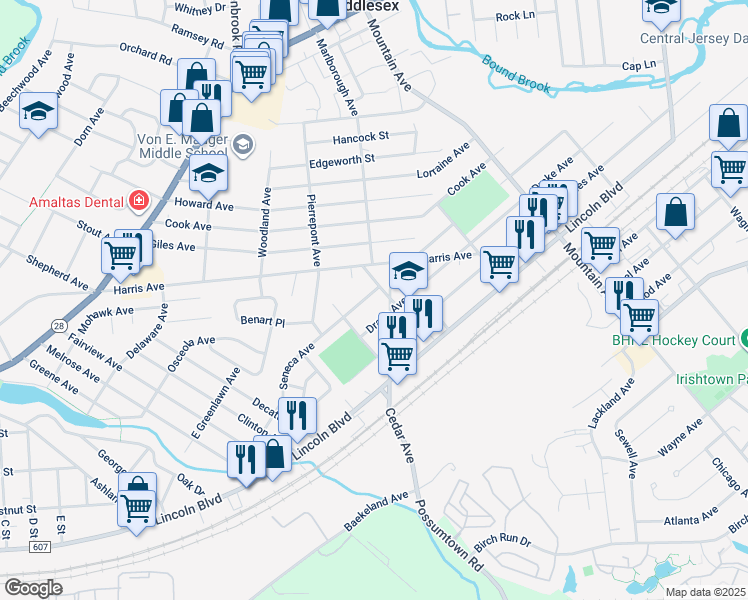 map of restaurants, bars, coffee shops, grocery stores, and more near 428 Seneca Avenue in Middlesex