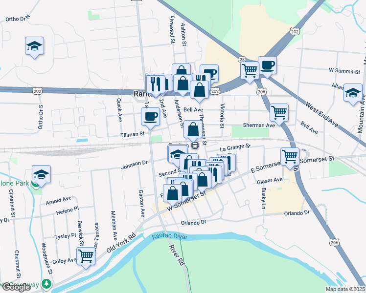 map of restaurants, bars, coffee shops, grocery stores, and more near 63 Anderson Street in Raritan