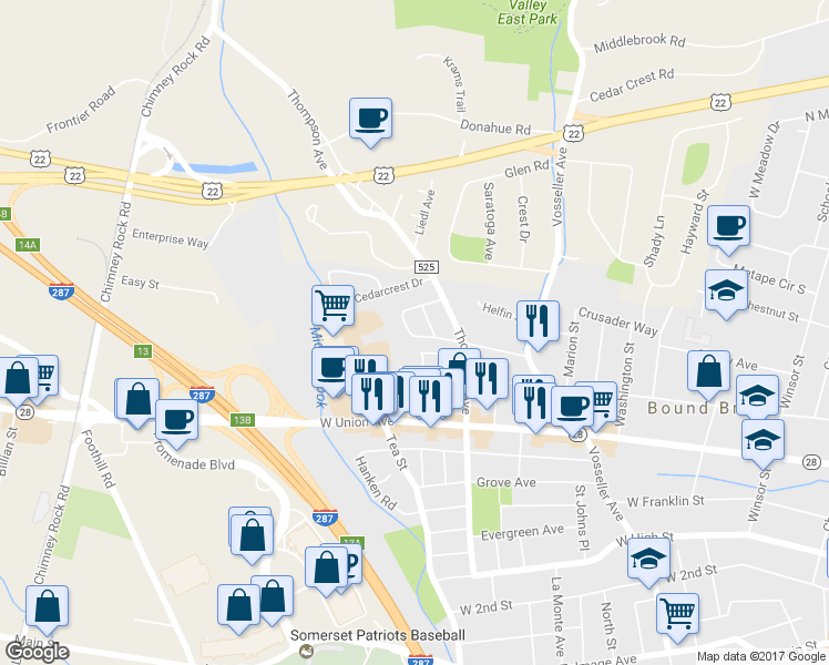 map of restaurants, bars, coffee shops, grocery stores, and more near 634 Crescent Drive in Bound Brook
