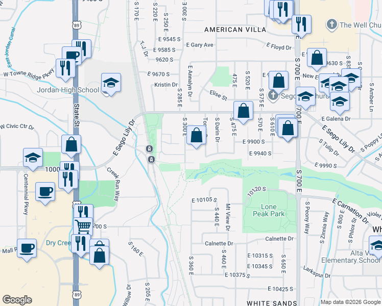 map of restaurants, bars, coffee shops, grocery stores, and more near 322 Lane Circle in Sandy