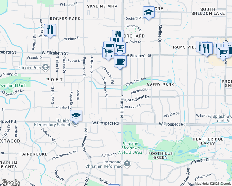 map of restaurants, bars, coffee shops, grocery stores, and more near 1217 South Taft Hill Road in Fort Collins