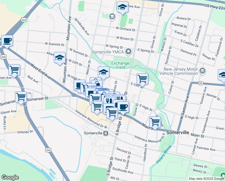 map of restaurants, bars, coffee shops, grocery stores, and more near 40 West High Street in Somerville