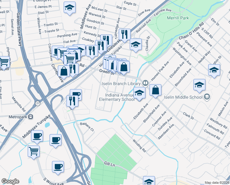 map of restaurants, bars, coffee shops, grocery stores, and more near 103 Berkley Boulevard in Woodbridge Township
