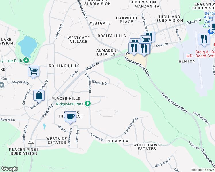 map of restaurants, bars, coffee shops, grocery stores, and more near 3729 Wasatch Drive in Redding