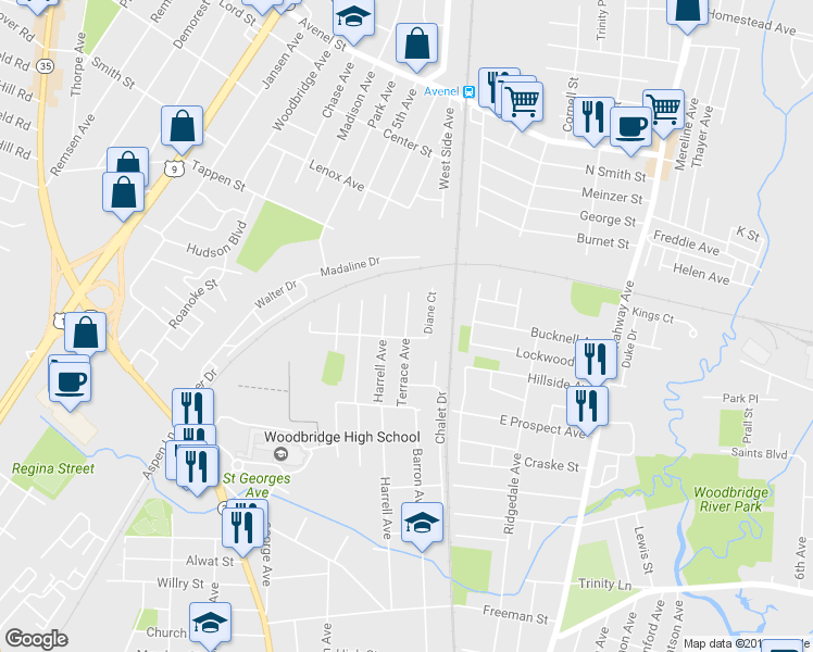 map of restaurants, bars, coffee shops, grocery stores, and more near 865 Terrace Avenue in Woodbridge Township