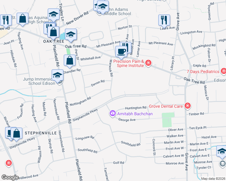map of restaurants, bars, coffee shops, grocery stores, and more near 6 Warwick Road in Edison
