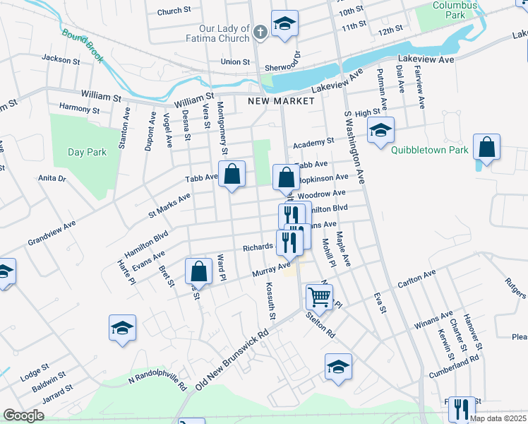 map of restaurants, bars, coffee shops, grocery stores, and more near 138 Hamilton Boulevard in Piscataway Township