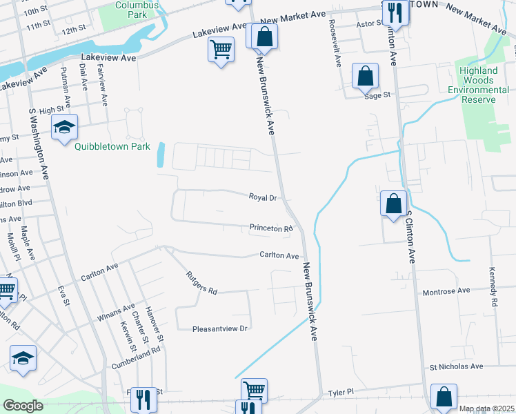 map of restaurants, bars, coffee shops, grocery stores, and more near 22 Royal Drive in Piscataway