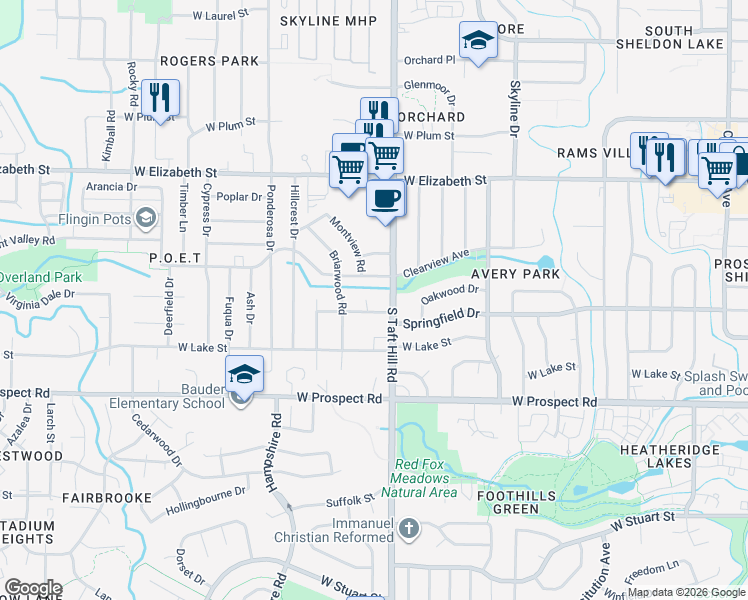 map of restaurants, bars, coffee shops, grocery stores, and more near 1217 South Taft Hill Road in Fort Collins