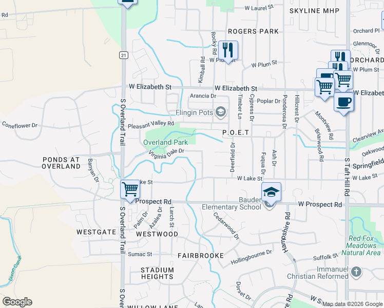 map of restaurants, bars, coffee shops, grocery stores, and more near 1407 Wildwood Road in Fort Collins