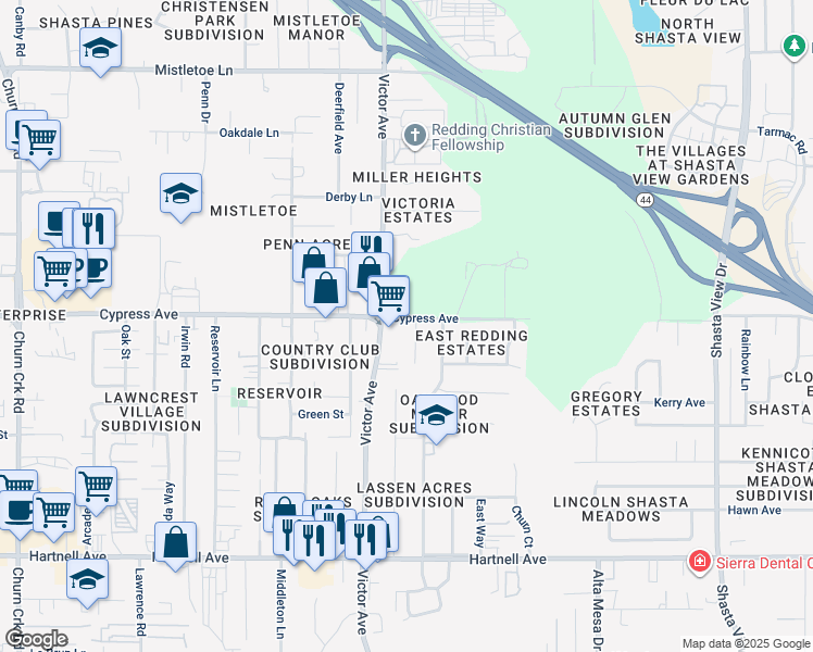 map of restaurants, bars, coffee shops, grocery stores, and more near 2529 Victor Avenue in Redding