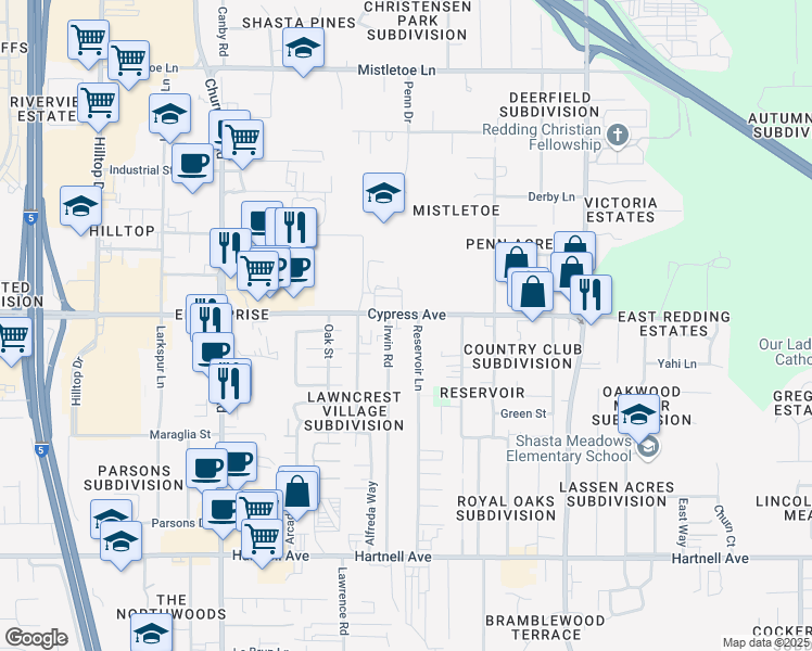 map of restaurants, bars, coffee shops, grocery stores, and more near 2541 Irwin Road in Redding