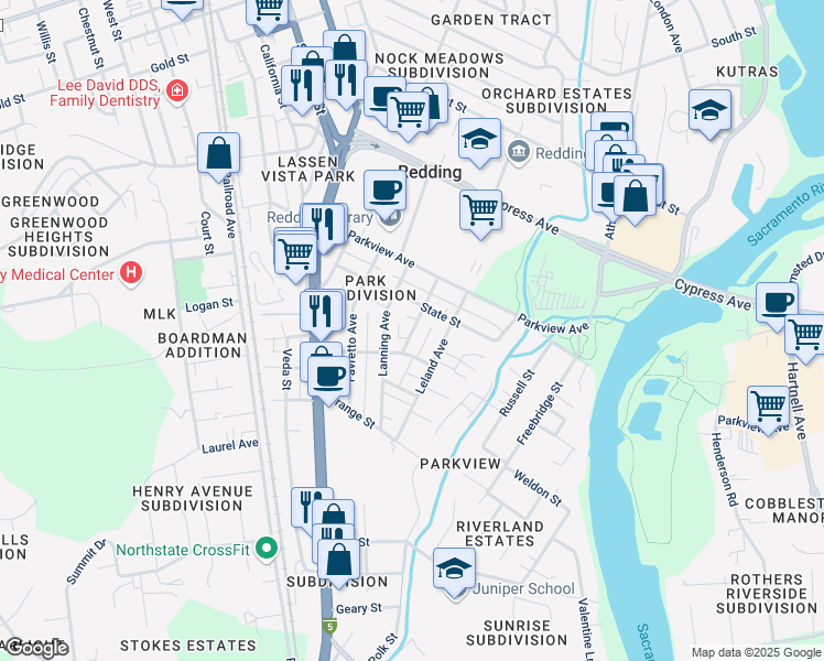 map of restaurants, bars, coffee shops, grocery stores, and more near 2749 Lanning Avenue in Redding
