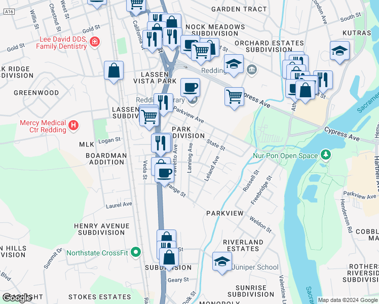 map of restaurants, bars, coffee shops, grocery stores, and more near 2749 Lanning Avenue in Redding