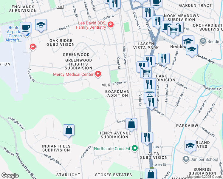 map of restaurants, bars, coffee shops, grocery stores, and more near in Redding