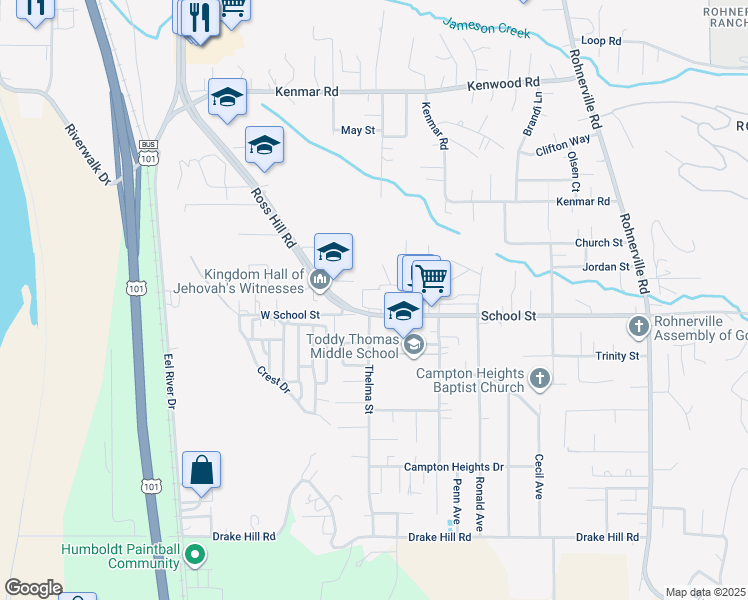 map of restaurants, bars, coffee shops, grocery stores, and more near 2601 School Street in Fortuna