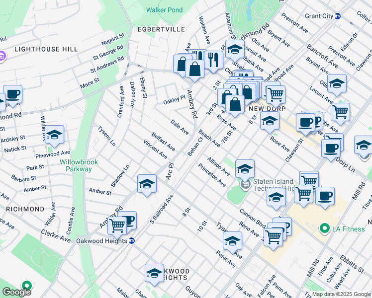 map of restaurants, bars, coffee shops, grocery stores, and more near 2714 Amboy Road in Staten Island