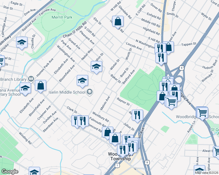 map of restaurants, bars, coffee shops, grocery stores, and more near 7 Able Street in Woodbridge Township