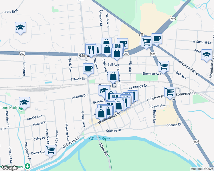 map of restaurants, bars, coffee shops, grocery stores, and more near 63 Anderson Street in Raritan