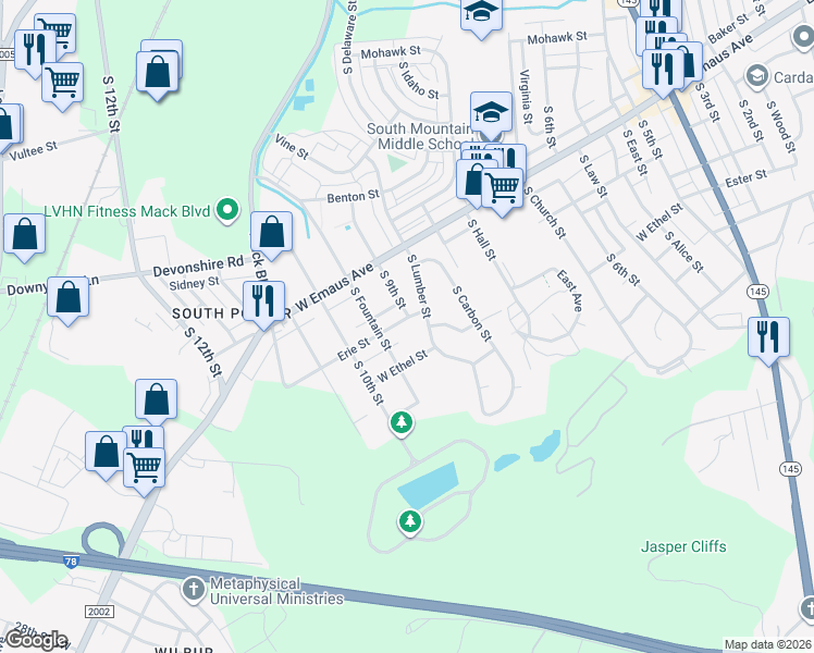 map of restaurants, bars, coffee shops, grocery stores, and more near 916 Erie Street in Allentown