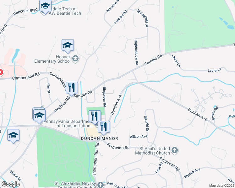 map of restaurants, bars, coffee shops, grocery stores, and more near 1825 Duncan Avenue in McCandless